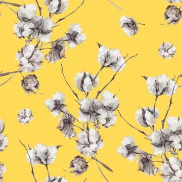 Seamless pattern with twigs and cotton flowers Stock Illustration
