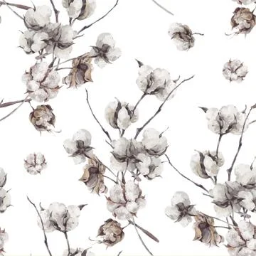 Seamless pattern with twigs and cotton flowers Stock Illustration