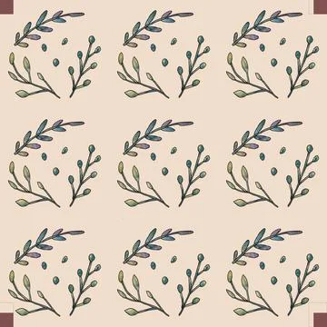 A seamless pattern with twigs and leaves on a beige background. Stock Illustration