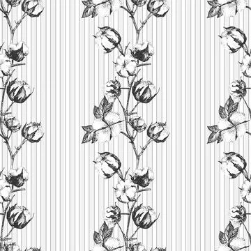 Seamless pattern with twigs, flowers and leaves of a cotton plant. Hand-drawn Stock Illustration