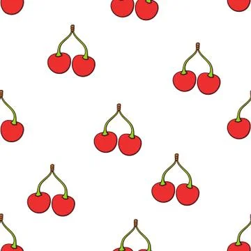 Seamless pattern with twin red cherries with a stem and with contour Stock Illustration