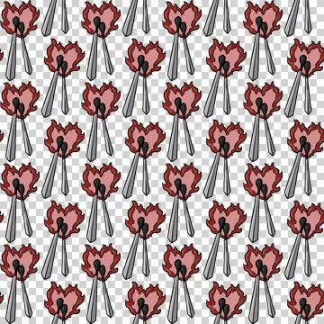 Seamless pattern, two burning matches touching to form a pink heart-shaped flame Stock Illustration
