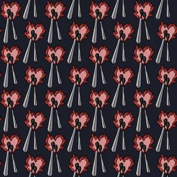 Seamless pattern two burning matches touching a pink heart-shaped flame love Stock Illustration
