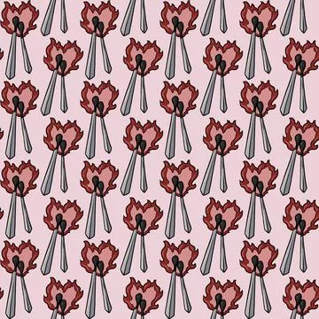 Seamless pattern two burning matches touching a pink heart-shaped flame pink bg  Stock Illustration