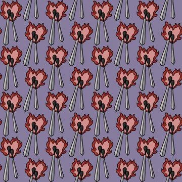 Seamless pattern two burning matches touching a pink heart-shaped flame love Stock Illustration