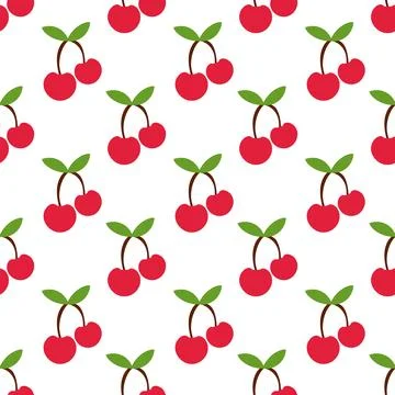 Seamless Pattern with Two red cherries on the branch with leaves. Stock Illustration