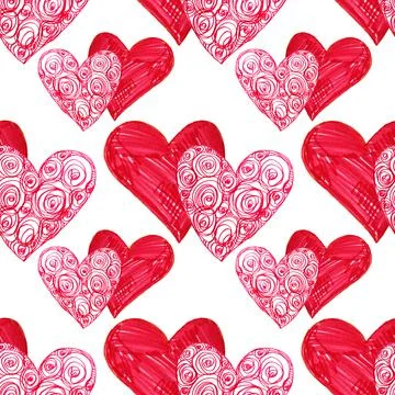 Seamless pattern two red heart on white. Hand-drawn marker naive art. Ornate Stock Illustration