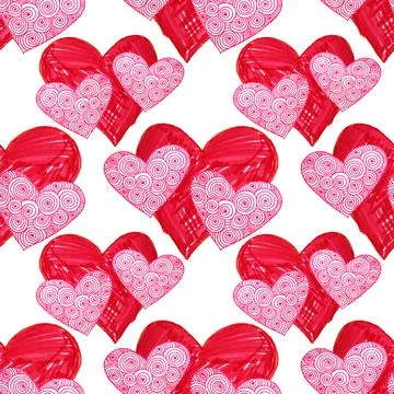 Seamless pattern two red heart on white. Hand-drawn marker naive art. Ornate Stock Illustration