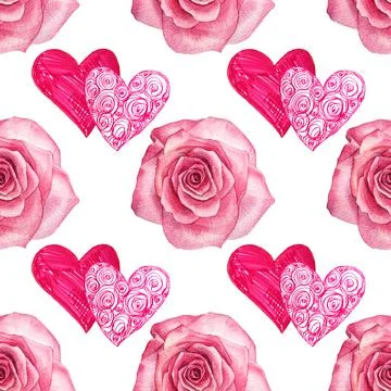 Seamless pattern two red heart and pink watercolor rose on white background Illustrazione stock