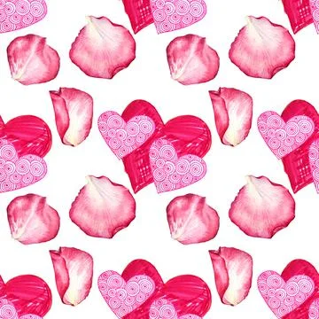 Seamless pattern two red heart and pink watercolor rose petal on white Stock Illustration