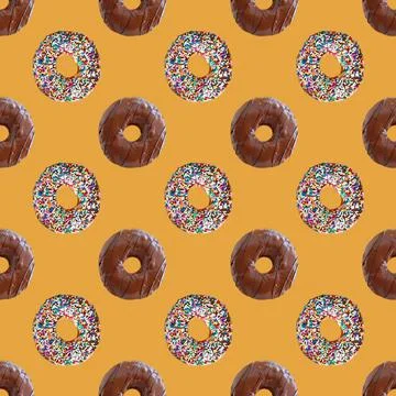 Seamless Pattern of Two Types of Delectable Chocolate Glazed Donuts Stock Photos