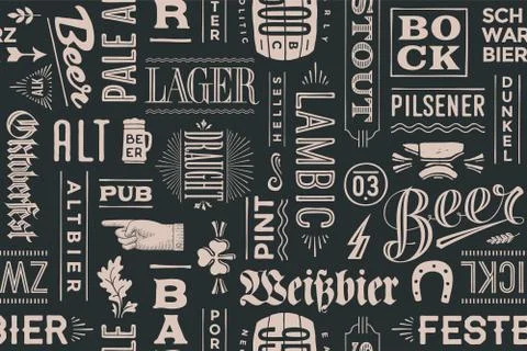 Seamless pattern with types of beer and hand drawn lettering Stock Illustration