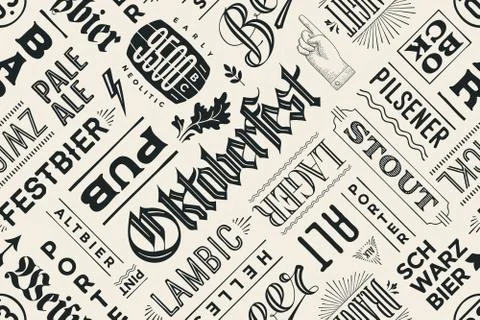 Seamless pattern with types of beer and hand drawn lettering Stock Illustration