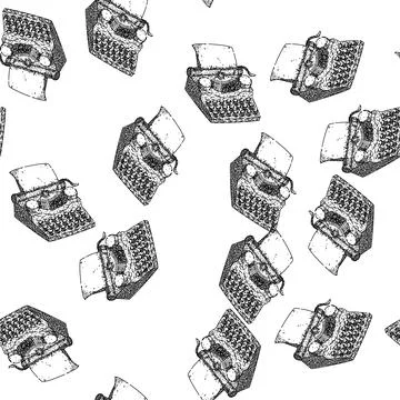 Seamless pattern typewriter retro technology devices sketch hand drawn Illustrazione stock