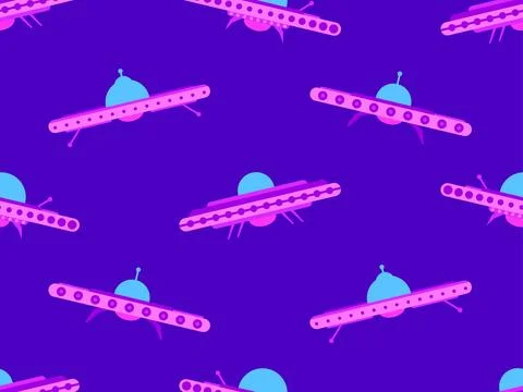 Seamless pattern with UFO in flat style. Background with alien spaceships a.. Illustrazione stock