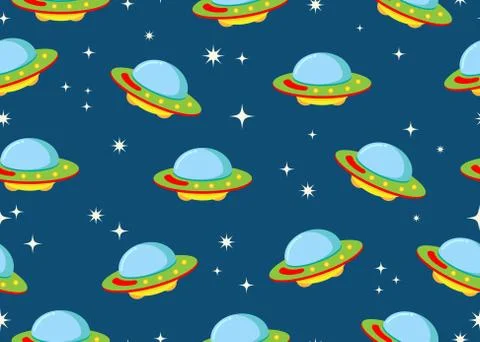 Seamless pattern of ufo with star in space galaxy background - Vector illustrati Stock Illustration