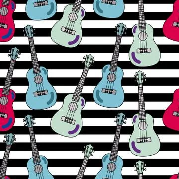 Seamless pattern with ukulele and stripes. Stock Illustration