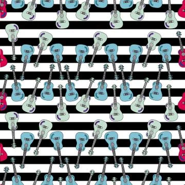 Seamless pattern with ukulele and stripes. Stock Illustration