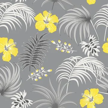 Seamless pattern of ultimate gray tropical leaves of palm tree and illuminati Stock Illustration
