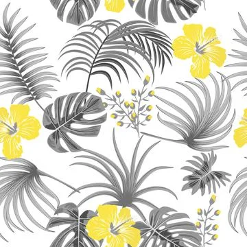 Seamless pattern of ultimate gray tropical leaves of palm tree and illuminati Stock Illustration