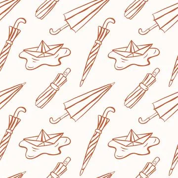 Seamless pattern with umbrella and paper boat in line art style. Autumn rain Stock Illustration