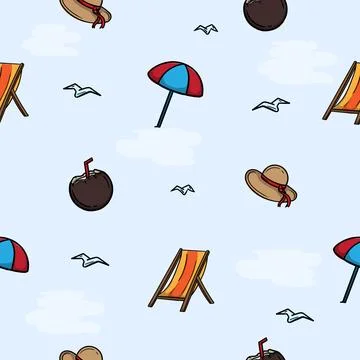 Seamless pattern with umbrella, coconut, chair イラスト素材