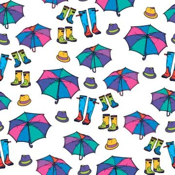 Seamless pattern with umbrella, hat and rubber boots on white background. Stock Illustration