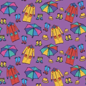 Seamless pattern with umbrella, hat and rubber boots on violet background. Stock Illustration