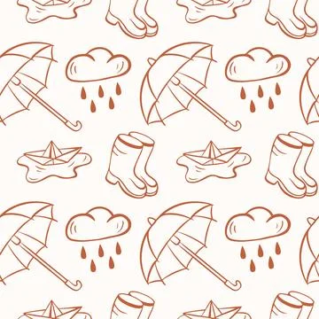 Seamless pattern with umbrella, rain cloud, rubber boot, paper boat in line art Stock Illustration