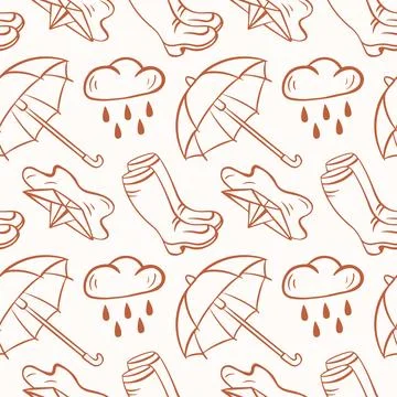 Seamless pattern with umbrella, rain cloud and rubber boot in fall season. Hand Stock Illustration