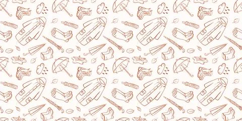 Seamless pattern with umbrella raindrop coat and rubber boot in line art style Stock Illustration