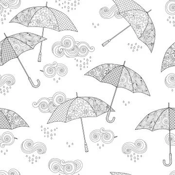 Seamless pattern with Umbrella in Zentangle inspired doodle style isolated on Stock Illustration