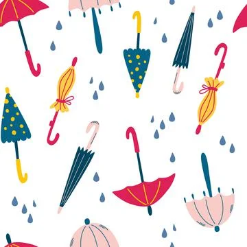 Seamless pattern with umbrellas and raindrops. Fashionable clothes in bad wea Stock Illustration