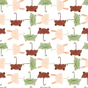 Seamless pattern umbrellas animals on white background. Funny cartoon charact Stock Illustration