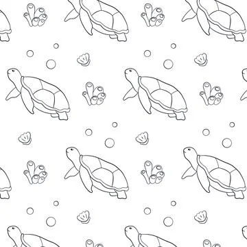 Seamless pattern with undersea animal turtle in line art style. Seashell, coral Illustrazione stock