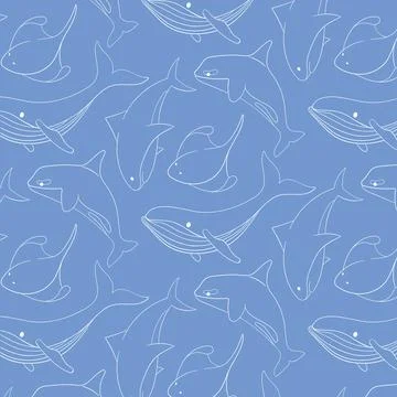 Seamless pattern with undersea animal whale, shark, orcas and stingray on a blue 스톡 일러스트