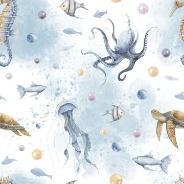 Seamless Pattern with Undersea animals. Hand drawn watercolor illustration with 스톡 일러스트