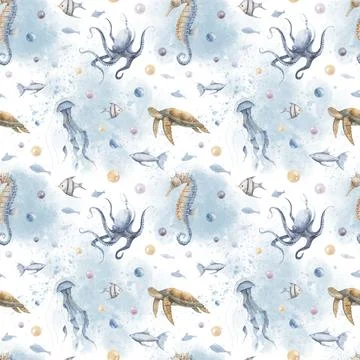 Seamless Pattern with Undersea animals. Hand drawn watercolor illustration with Stock Illustration