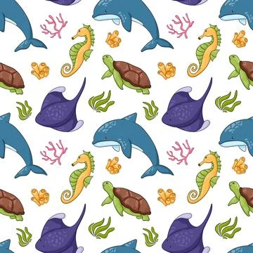Seamless pattern with underwater animals in cartoon style. Undersea life Stockillustratie