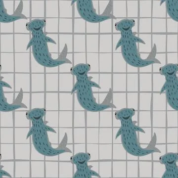 Seamless pattern with underwater hammerhead sharks elements in turquoise colo Illustrazione stock