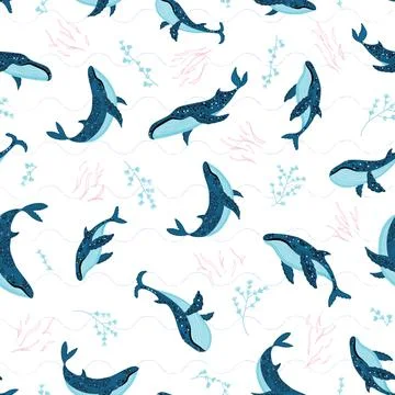 Seamless pattern with underwater humpback whales swimming on white Stock Illustration