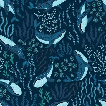 Seamless pattern with underwater humpback whales dancing under the sea イラスト素材
