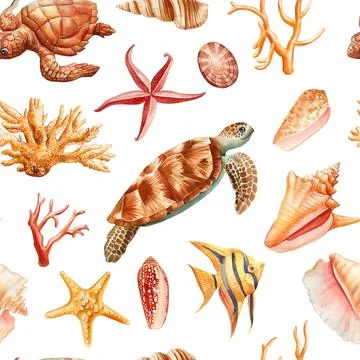 Seamless pattern with underwater life. Seashells, fish, starfish, corals and sea Stock Illustration