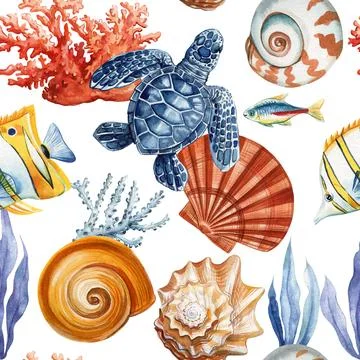 Seamless pattern with underwater life. Seashells, fish, starfish, corals and sea イラスト素材