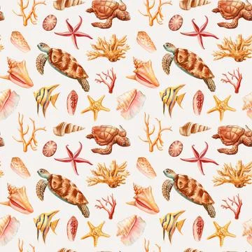 Seamless pattern with underwater life. Seashells, fish, starfish, corals and sea イラスト素材