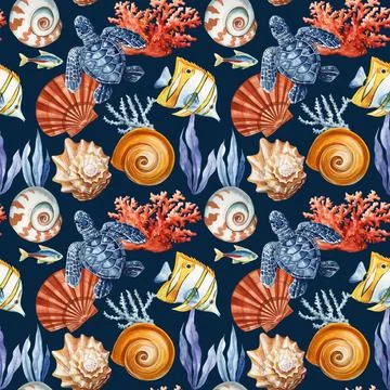 Seamless pattern with underwater life. Seashells, fish, starfish, corals and sea イラスト素材