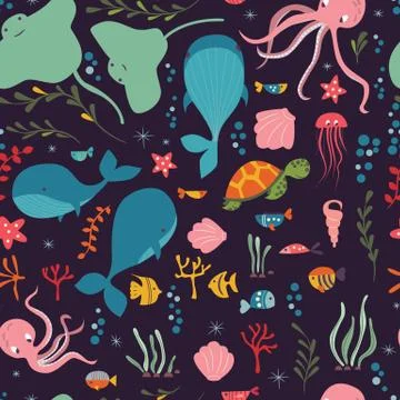 Seamless pattern with underwater ocean animals, whale, octopus, stingray, j.. Stock Illustration