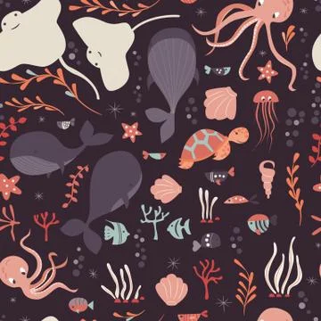 Seamless pattern with underwater ocean animals, whale, octopus, stingray, j.. Stockillustratie