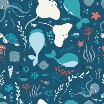 Seamless pattern with underwater ocean animals, whale, octopus, stingray, j.. Stock Illustration