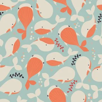 Seamless pattern with underwater ocean animals, whales, colorful vector ill.. Stock Illustration